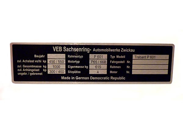 Typenschild Trabant P601 pers&ouml;nliche Daten einschlagen